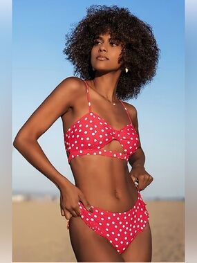 Red Polka Dot Cutout Bikini Top & Bottom Set - Women Swim Size M
